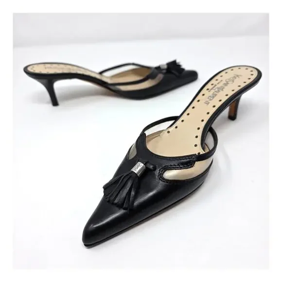 Yves Saint Laurent Vintage Kitten Heel Mules Pointed Toe Black Leather 36.5 6.5