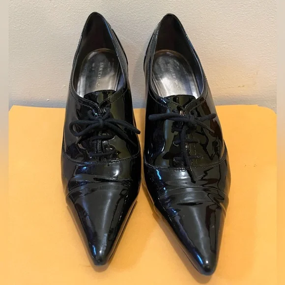 Ann Taylor Cannes Pointy Toe Oxford Size 7m Black Patent Leather Made In Brazil