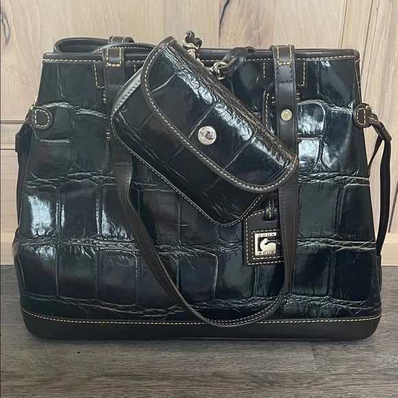 Vintage‎ Dooney & Bourke Croco Embossed Leather Tote - Dark Brown / Black