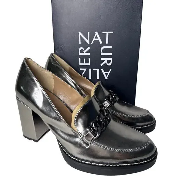 Naturalizer Loafer Callie-Moc Pumps Womens 9M Pewter Metallic Block Heel Chain