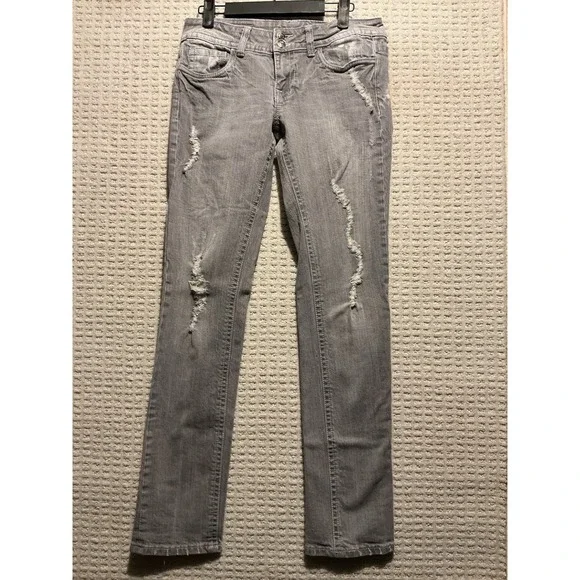 Vigoss Straight Jeans Gray Distressed Flap,pockets 3 28x 31 1/2 Women Low Rise
