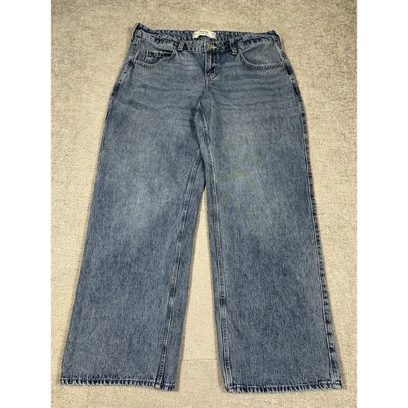 Hollister Jeans Womens 14/32 Blue Low Rise Baggy Wide Leg Embroidered Flaw