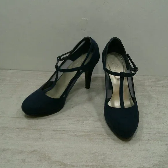 Worthington Retro Pin-up Style Blue Suede Mesh T-Strap Heels Size 6