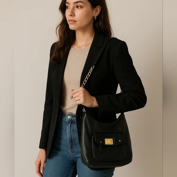 Badgley Mischka‎ Black Leather Shoulder Bag Gold Chain Strap & Hardware