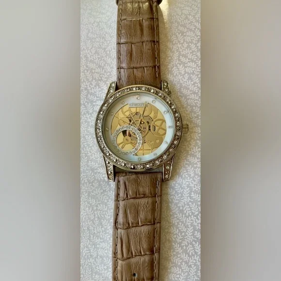 Chico's Running Tan Leather Strap Watch with Rhinestones Silver White Gold 9