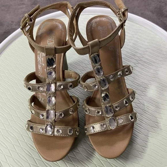 BRASH STRAPPY WEDGE HEELS SHOES SIZE 7‎ GOLD STRAPS WITH RHINESTONES 4
