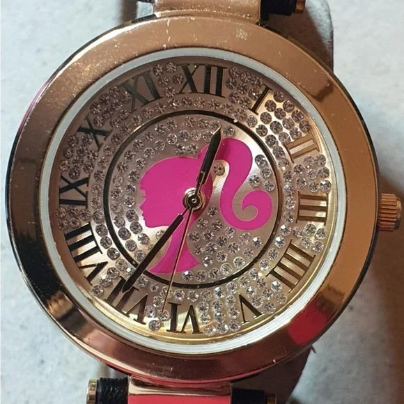 Barbie by Accutime Goldtone/Black Rhinestone Leather Women's Watch
