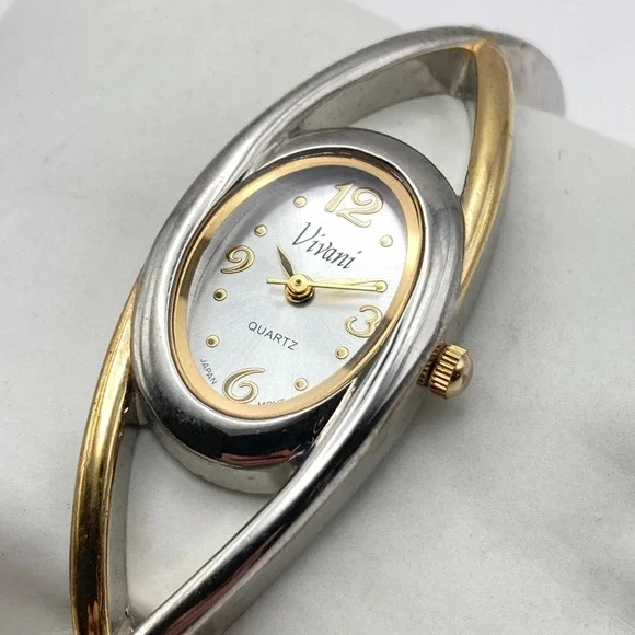 Vivani Women's Watch Cuff Silver Gold Two Tone 20mm Oval New Battery 6.5