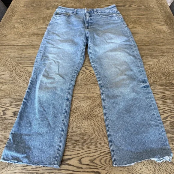 Madewell High Rise Wide Leg Jeans Light Wash Raw Hem Blue Denim Distressed Sz 27