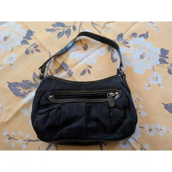 Black Jacquard‎ Swirl Print Shoulder Bag Faux Leather Trim Small Hobo Bag