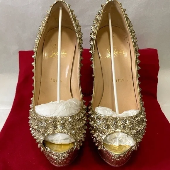 Christian Louboutin “Glitter Specchio” Lady Peep spikes.EU38 140mm 1” platform.