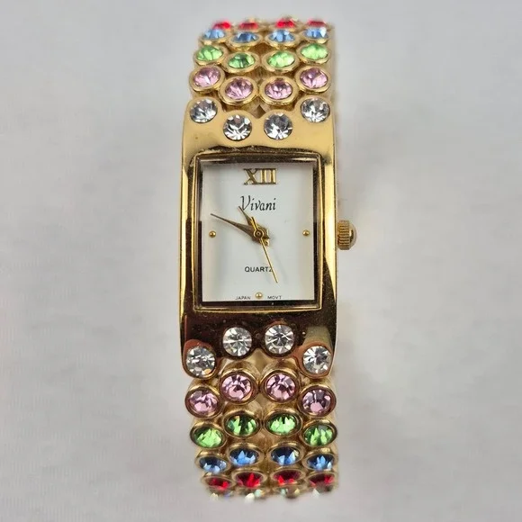 Vivani Rhinestone Cuff Watch‎ Gold Tone Multicolor Japan Movt Vtg Needs Battery