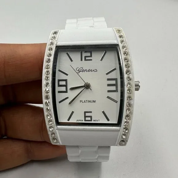 3/$30 Geneva Watch Women White Crystal Bezel Hinged Cuff Band New Battery