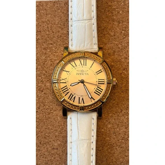 Invicta Wildflower 14892 Womens Gold Tone White Leather Watch Roman Numeral Dial