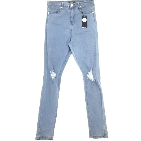 Boohoo Tall High Waist Distressed Blue Denim Skinny Jeans Women's US Size 6