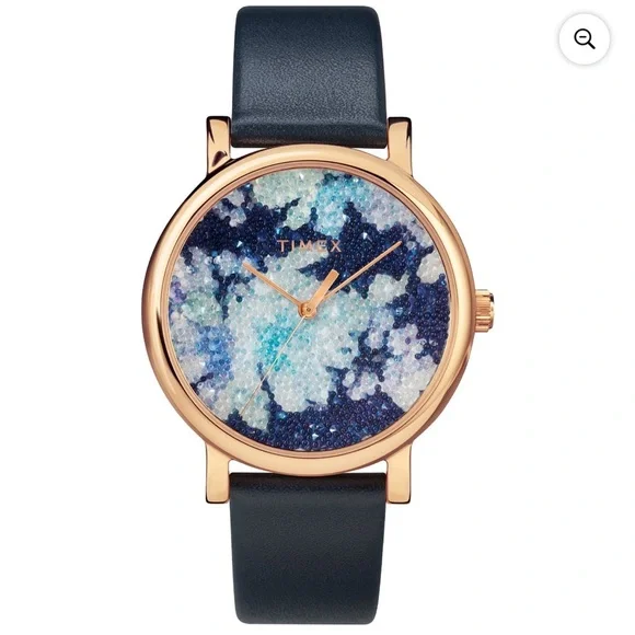 Timex Womens Crystal Bloom Blue/Rose Gold Floral Watch, navy Leather Strap WORKS