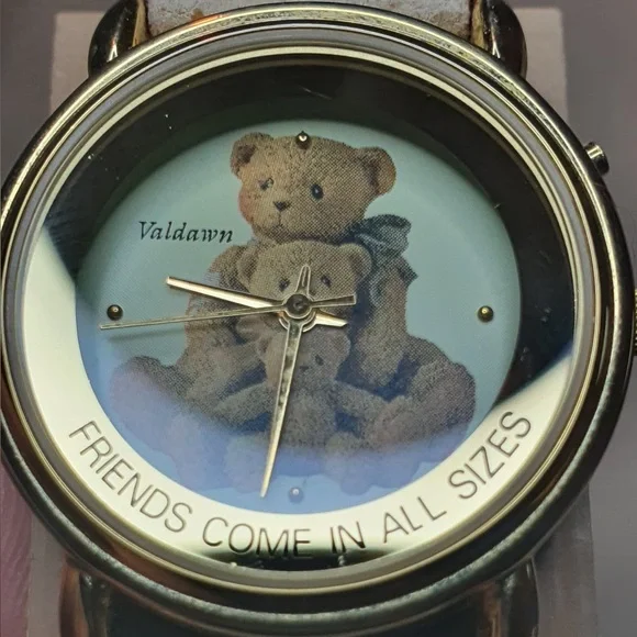🦋10/$20🦋Vtg Valdawn Cherished Teddies Goldtone Leather Bears Print Women's Watch