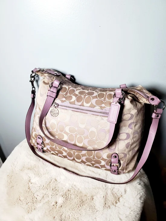 Coach Signature Jacquard Hobo Large Shoulder Bag Pink/Lilac Leather Trim Preppy