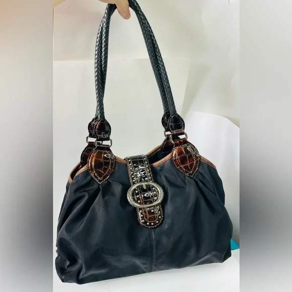 Y2K style Brighton nylon and leather shoulder bag, reptile and cheetah print