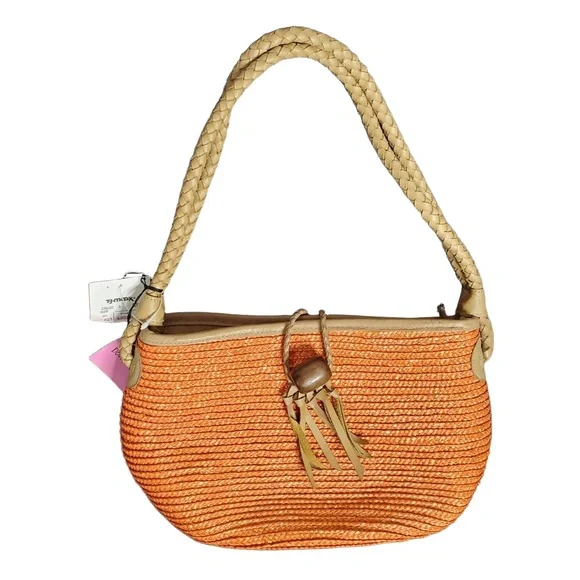 Vintage Donna Dixon Satchel Shoulder Bag Orange Woven‎ Straw Braided Leather