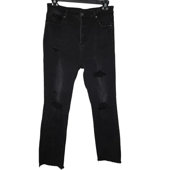 RISEN Womens Black Distressed Straight Leg Crop Ankle Denim Jeans Size 32