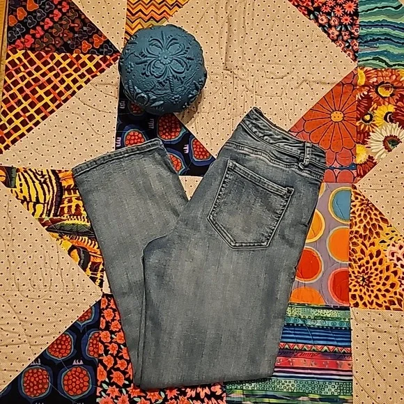 KAARI blue petite straight crop size 10P... painted flowers on left leg-so nice!