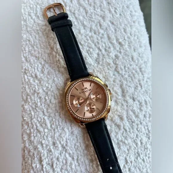 ‎Coach Black Leather Watch, Rose Gold