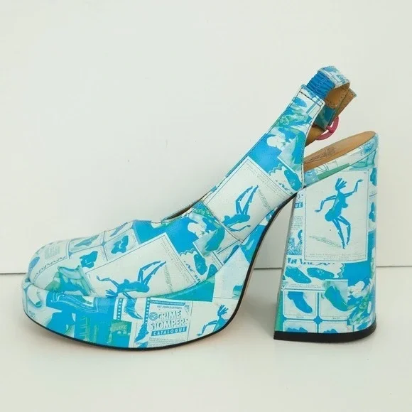 John Fluevog Blue Newsprint Lasting Impressions Tenura Chunky Platform‎ Heels- 8