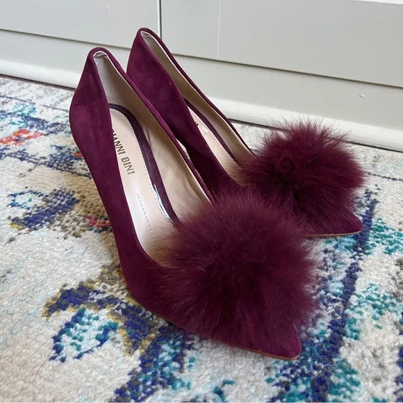 Gianni Bini Dorindah Burgundy Suede Pumps with Real Fox Fur Pom Pom Details 8.5