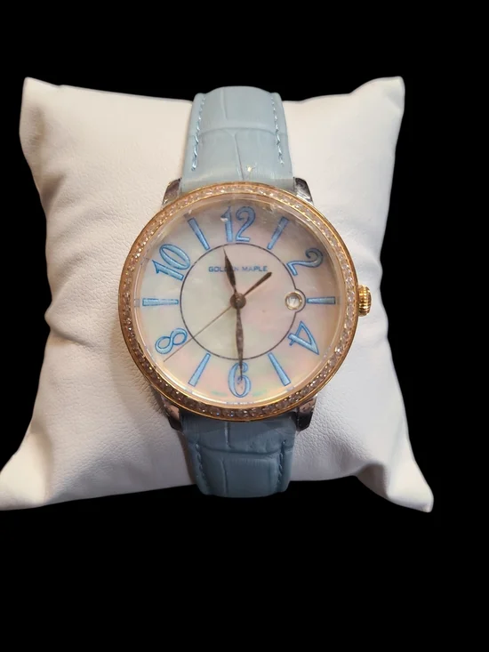 Ladies Light Blue Leather Strap Watch with Gold-Tone Bezel