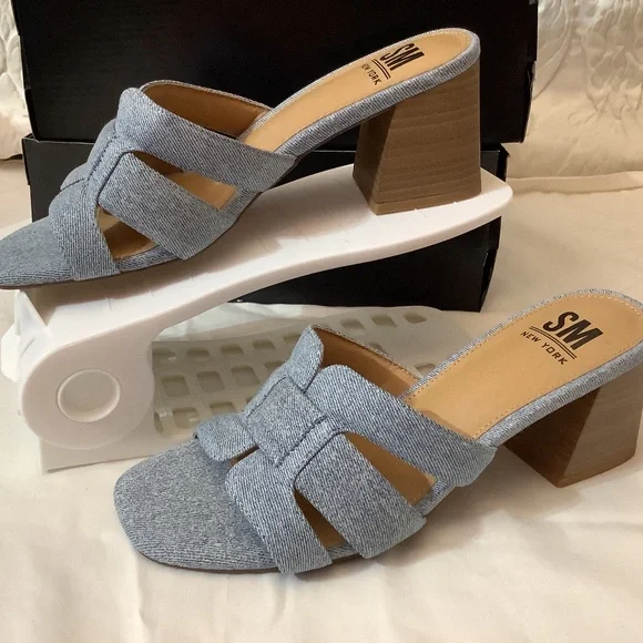 NWOT SM New York Denim blue slip ons‎ chunky heel open toe