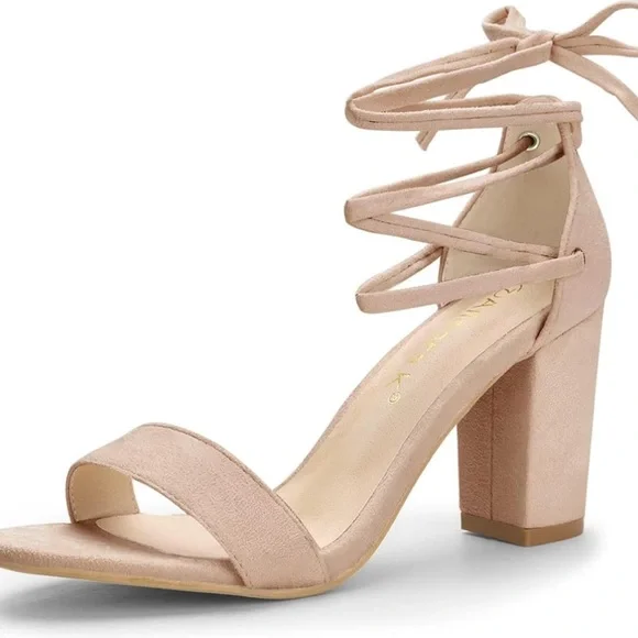 Allegra K Tie Up Strappy Heels Chunky Heel Nude Heels Size 8 Single Fron…