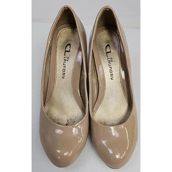 CL By‎ Laundry Marcie Wedge Pump Shoes 5.5 Beige Tan Shiny Corporate Work Heels