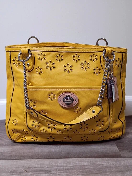 Coach Poppy Vintage 2010s Cut Out Floral Yellow Chain Turnlock Shoulder Tote