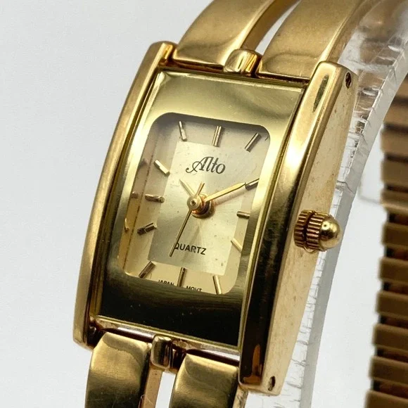 Vintage Alto Womens Watch Gold Tone 19mm Stretch Band Tank New Battery SMALL 6