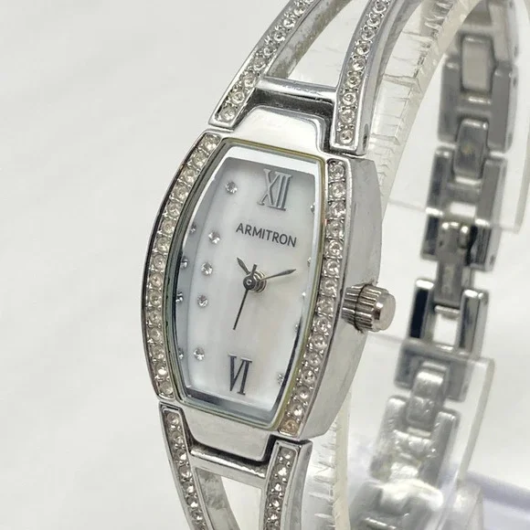 Armitron Watch Women 18mm Silver Tone Crystals Bling MOP Dial New Battery 6.5