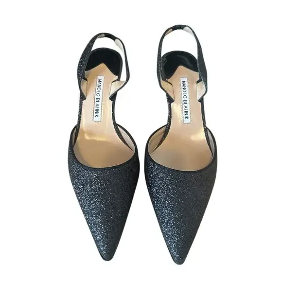 Manolo Blahnik Carolyne Black Glitter Pointed Toe Slingback Pump EU 38