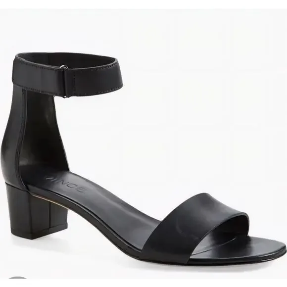 Vince Black Leather Ankle Strap Block Heel Sandals Women 9 Open Toe Dress Shoes