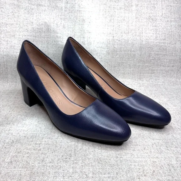 Aerosoles Minneta navy blue leather block heel pumps size 11 wide career comfort