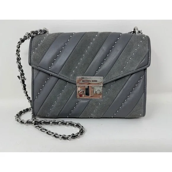 Michael Kors Rose Medium Flap Shoulder Bag Grey‎ Quilted Leather Suede