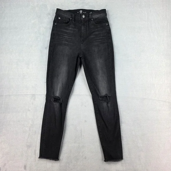 7 For All Mankind Aubrey High Rise Skinny Jeans Distressed Black Size 27