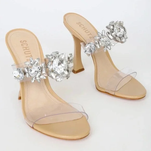NWB SCHUTZ Laureen Vinyl & Crystal Sandal Light Wood 8.5