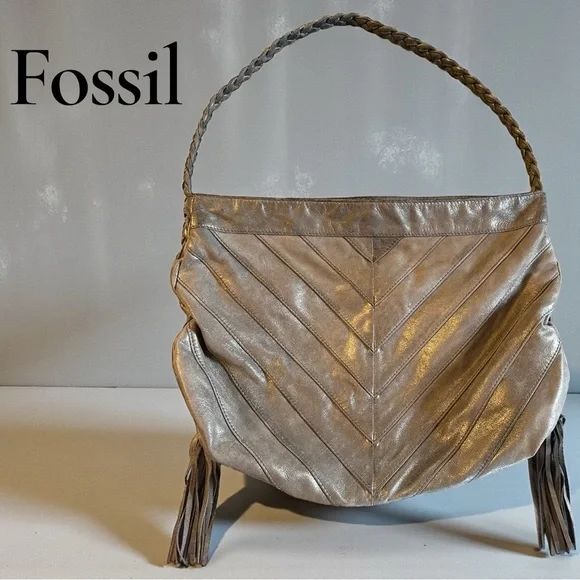 Fossil Pewter Metallic Leather Braided Hobo Shoulder Bag Tassels Magnetic Close