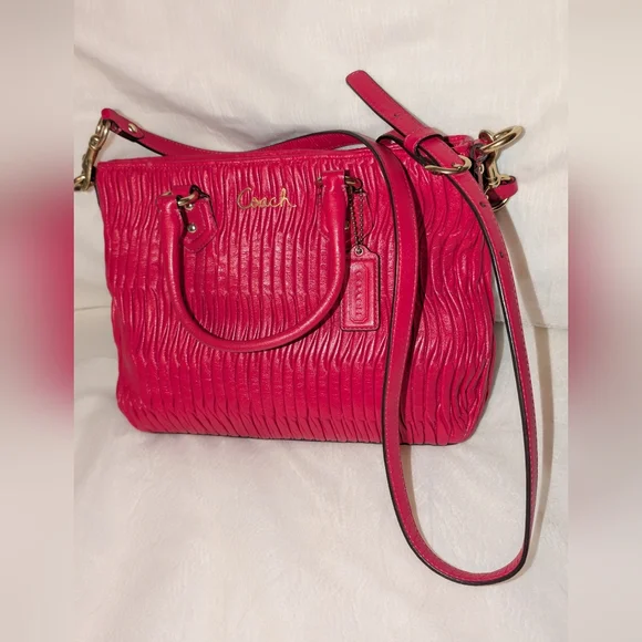 Coach Ashley Gathered Leather Mini Tote Raspberry Pink Gold Hardware EUC