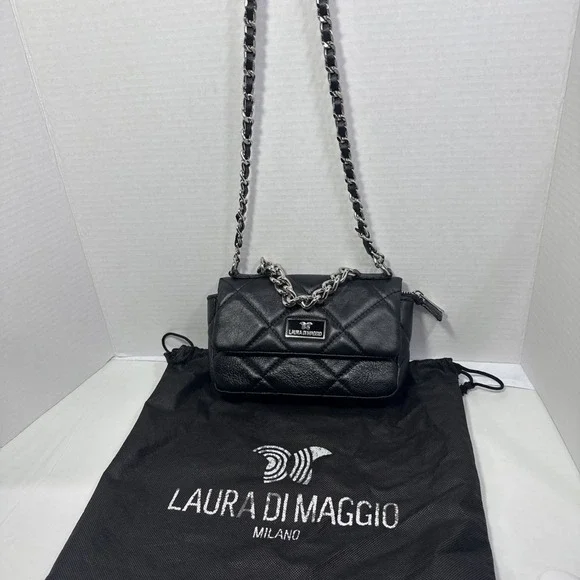Laura Di Maggio Italian-made Leather Quilted Shoulder Bag – Black-preowned.