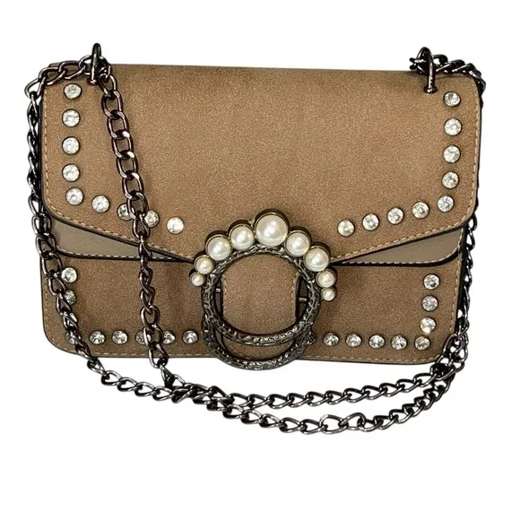 Unbranded Faux Suede Shoulder Bag Rhinestone Pearl Detail Chain Strap Brown Boho
