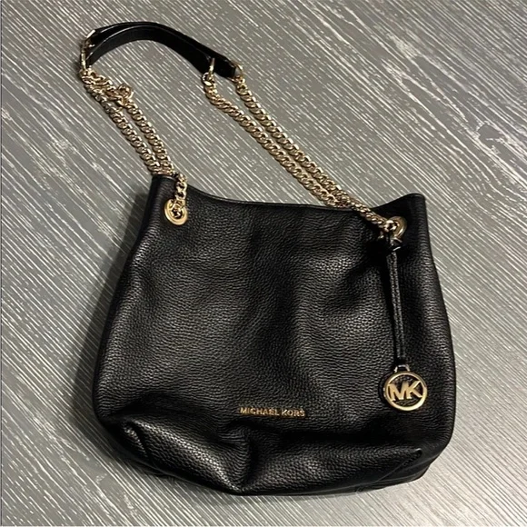 Michael Kors Black Pebbled Leather Shoulder Tote with Gold Chain Strap