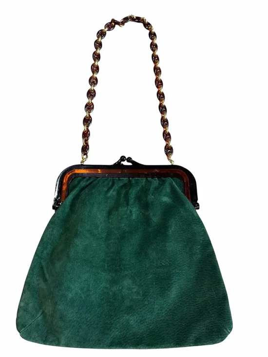 Vintage Green Suede Purse Tortoise Lucite Frame Bag Gold Chain Shoulder Italian