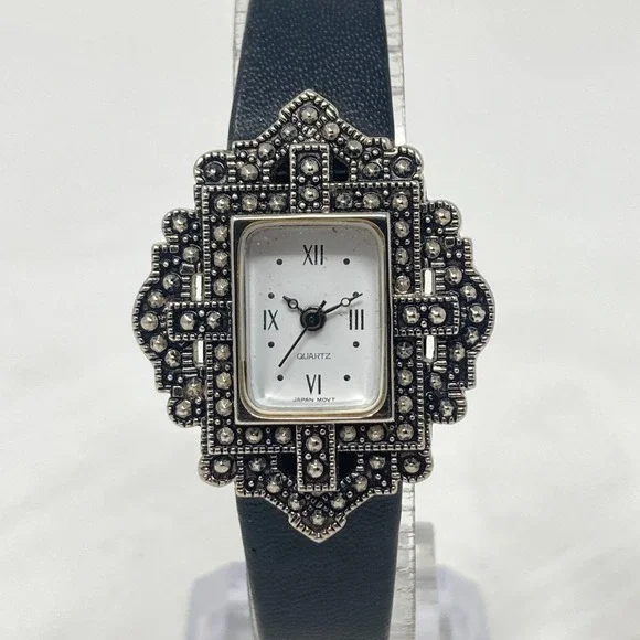 Vintage Avon Marcasite Tank Watch Women Silver Tone Black Leather New Battery 8