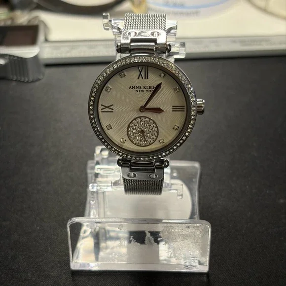 Anne Klein Mesh Bracelet Watch Womens Silver Crystal Bezel Dressy Timepiece